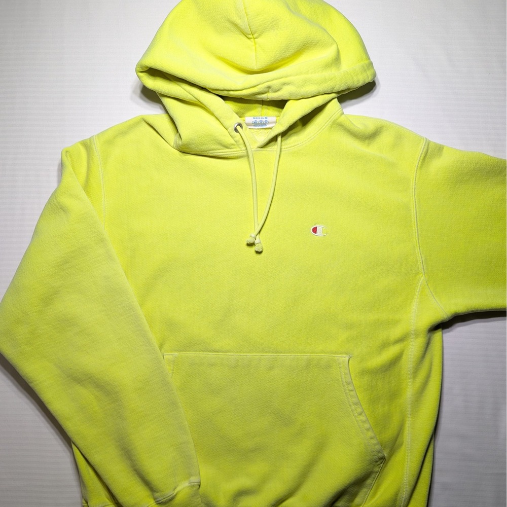 Champion Reverse Weave Hoodie Neon Yellow Streetwear Y2K‎ Oversized Sweatshirt